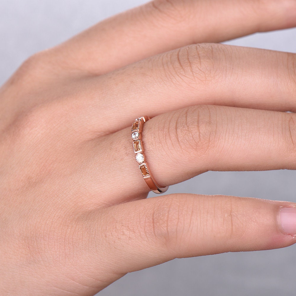Citrine Wedding Band,Half Eternity Citrine Ring,Stacking Matching Band,Baguette Citrine Wedding Band,November Birthstone Ring, Gift for Her