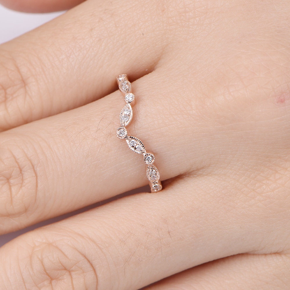 Diamond wedding band 14k rose gold art deco diamond matching band curved shape stacking band natural conflict free stone customized