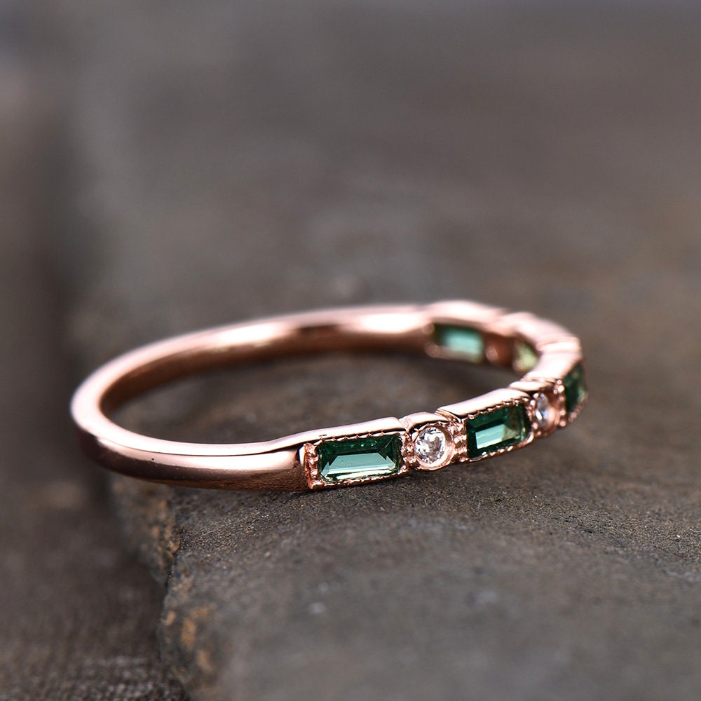 Emerald Wedding Band Half Eternity Band Art Deco Stacking Wedding Ring Anniversary Ring Sterling Silver Rose Gold Plated Milgrain