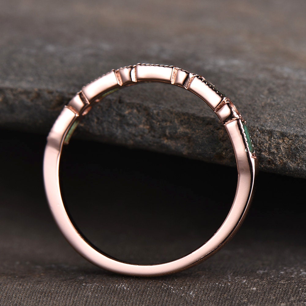 Emerald Wedding Band Half Eternity Band Art Deco Stacking Wedding Ring Anniversary Ring Sterling Silver Rose Gold Plated Milgrain