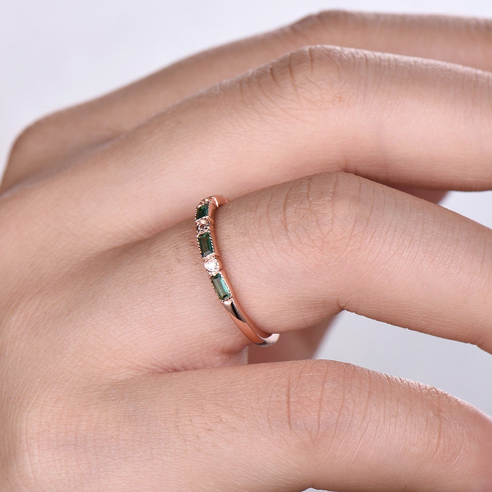Emerald Wedding Band Half Eternity Band Art Deco Stacking Wedding Ring Anniversary Ring Sterling Silver Rose Gold Plated Milgrain