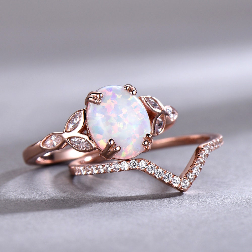Opal Wedding Ring Set Opal Ring White Fire Opal Floral Engagment Ring Rose Gold Plated Unique Curve Wedding Band Silver Bridal Ring Set