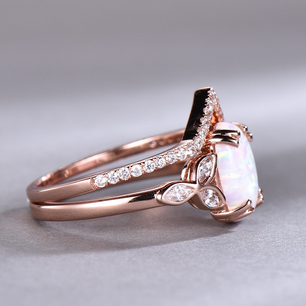 Opal Wedding Ring Set Opal Ring White Fire Opal Floral Engagment Ring Rose Gold Plated Unique Curve Wedding Band Silver Bridal Ring Set
