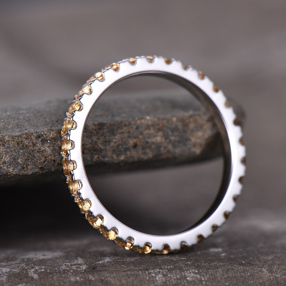 Citrine Wedding Ring Yellow Citrine Ring Full Eternity Band White Gold Plated Sterling Silver Stackable Band Annniversary Ring