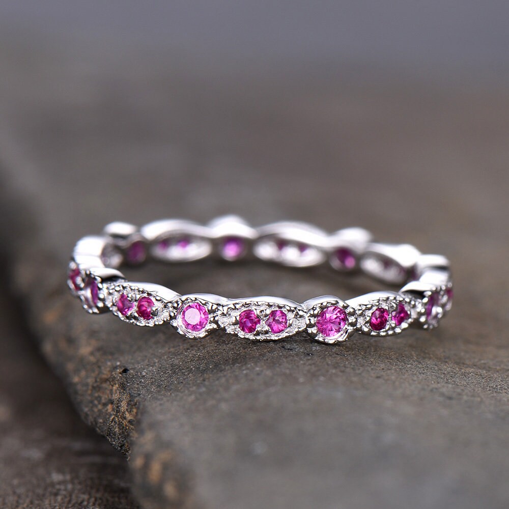Ruby Wedding Ring,Natural Ruby,Eternity Ring,Full Eternity,Art Deco Band,Sterling silver,Matching Band,Stacking Ring