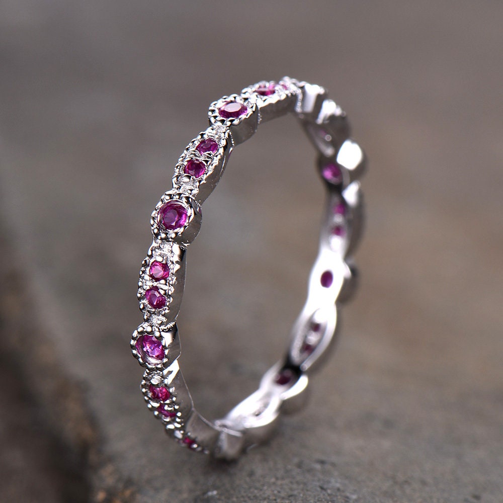 Ruby Wedding Ring,Natural Ruby,Eternity Ring,Full Eternity,Art Deco Band,Sterling silver,Matching Band,Stacking Ring