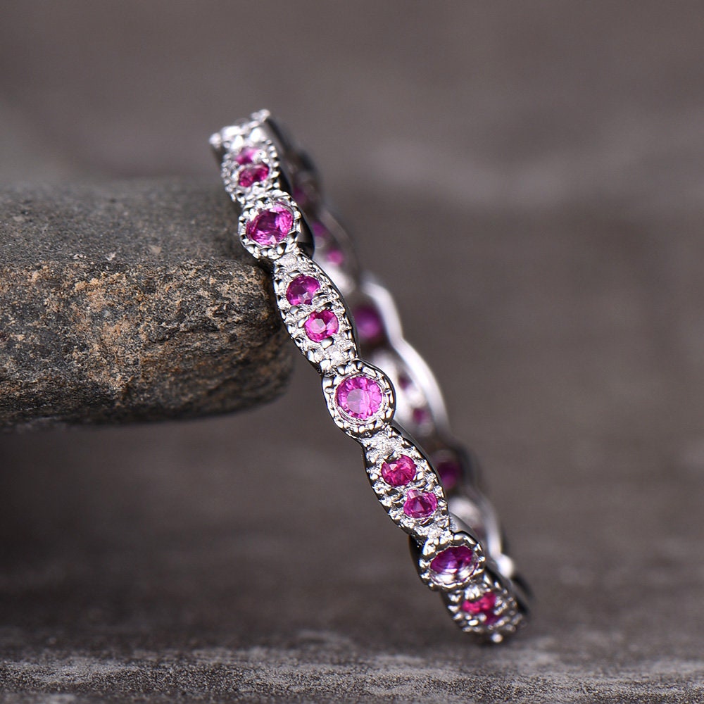 Ruby Wedding Ring,Natural Ruby,Eternity Ring,Full Eternity,Art Deco Band,Sterling silver,Matching Band,Stacking Ring