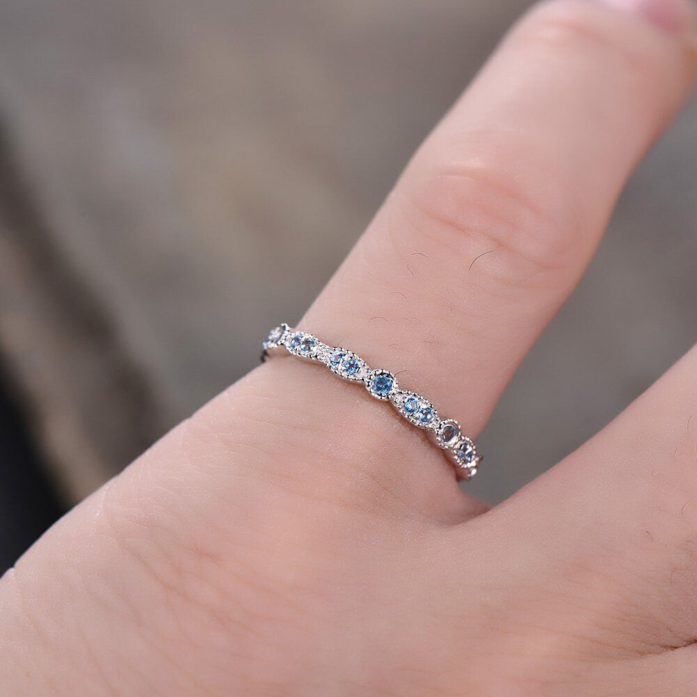 Topaz Wedding Ring,Blue Topaz Wedding Band,Art Deco Band,Natural Blue Topaz,Matching band,Bridal Ring Marquise Ring,Milgrain,Sterling Silver