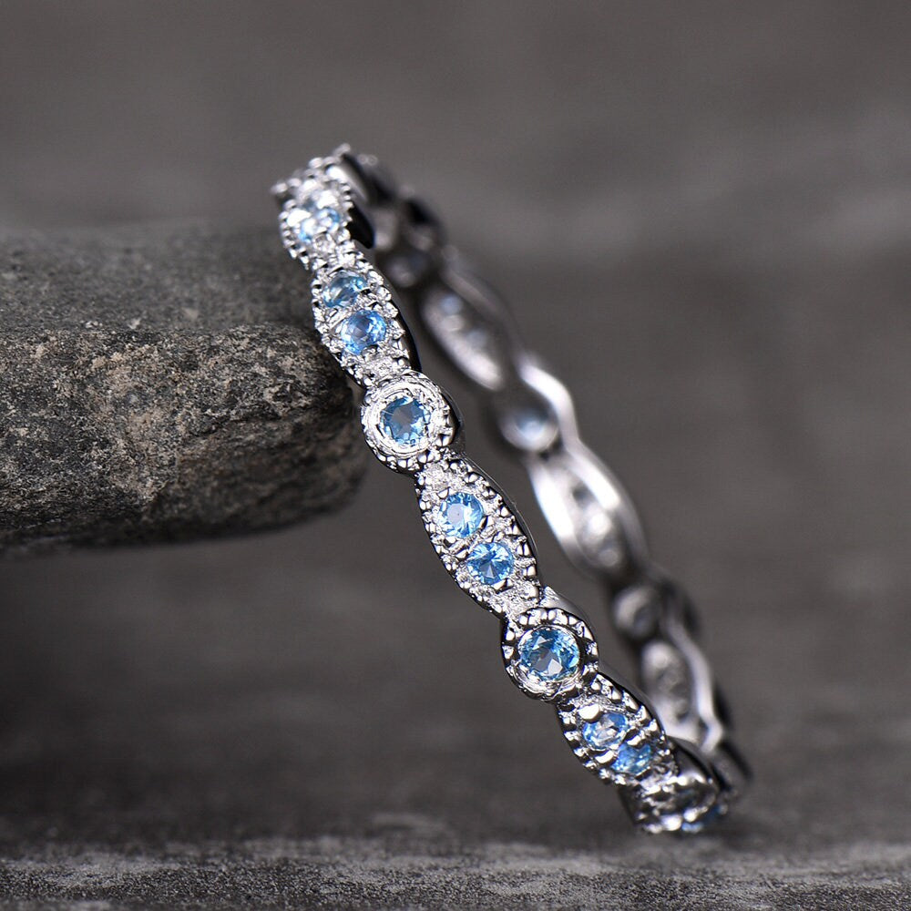 Topaz Wedding Ring,Blue Topaz Wedding Band,Art Deco Band,Natural Blue Topaz,Matching band,Bridal Ring Marquise Ring,Milgrain,Sterling Silver