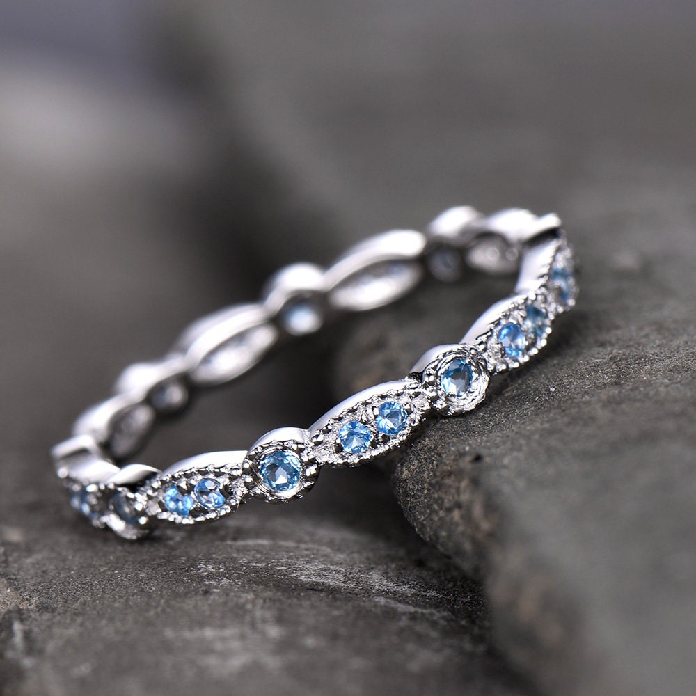 Topaz Wedding Ring,Blue Topaz Wedding Band,Art Deco Band,Natural Blue Topaz,Matching band,Bridal Ring Marquise Ring,Milgrain,Sterling Silver