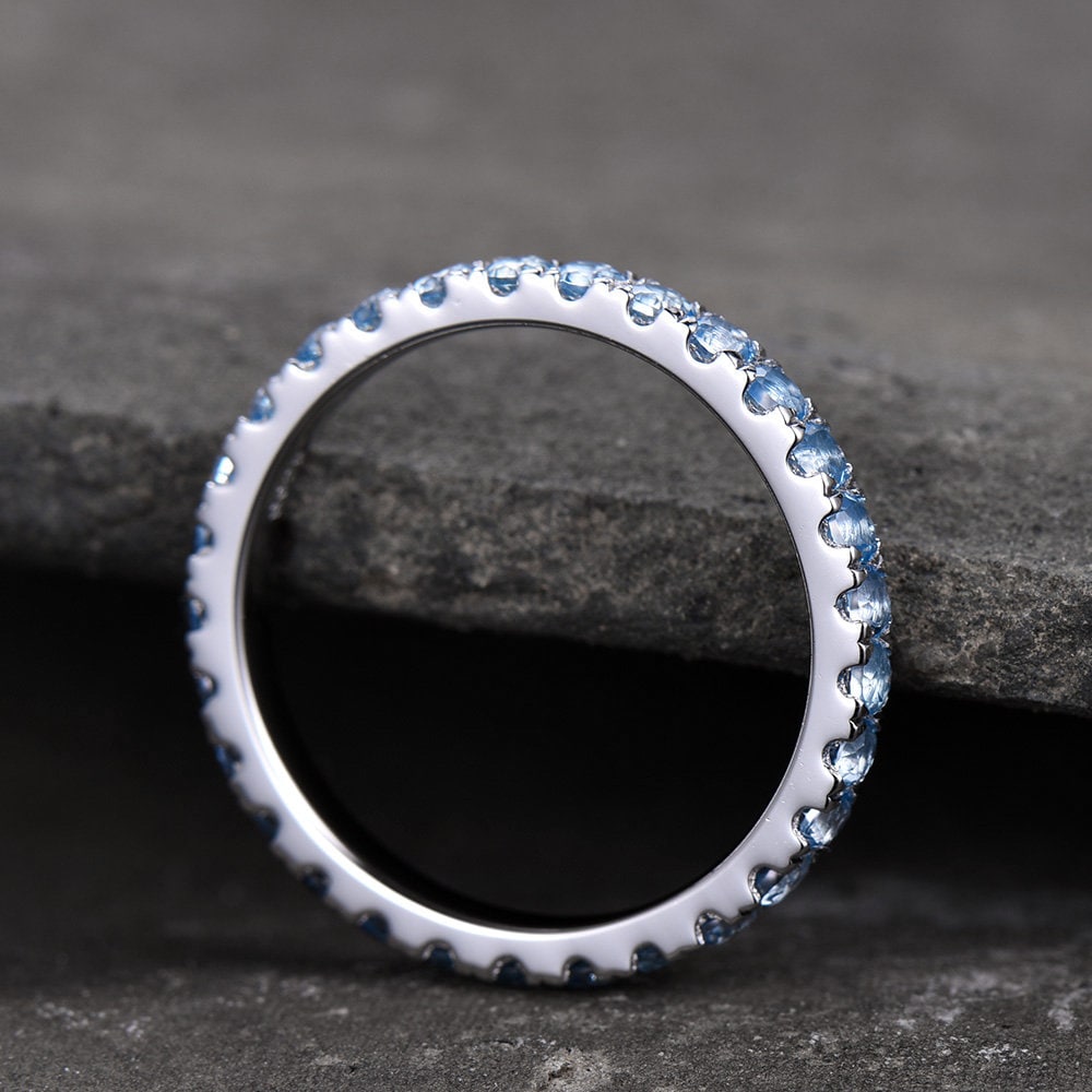 Eternity Band Blue Topaz Wedding Band Topaz Ring Aniversary Ring Sterling Silver Stacking Ring White Gold Plated