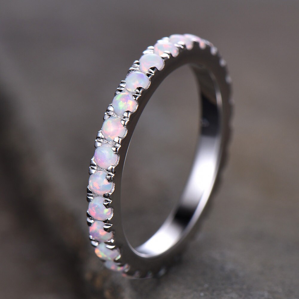 Opal Ring,Opal Wedding Band,Eternity Band,Opal Stacking Ring,Matching Band,Promise Ring,Anniversary,Gift for Women,White Gold,October Ring