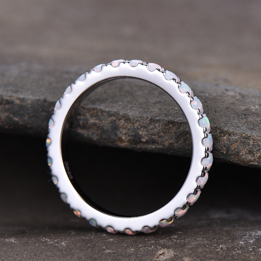 Opal Ring,Opal Wedding Band,Eternity Band,Opal Stacking Ring,Matching Band,Promise Ring,Anniversary,Gift for Women,White Gold,October Ring