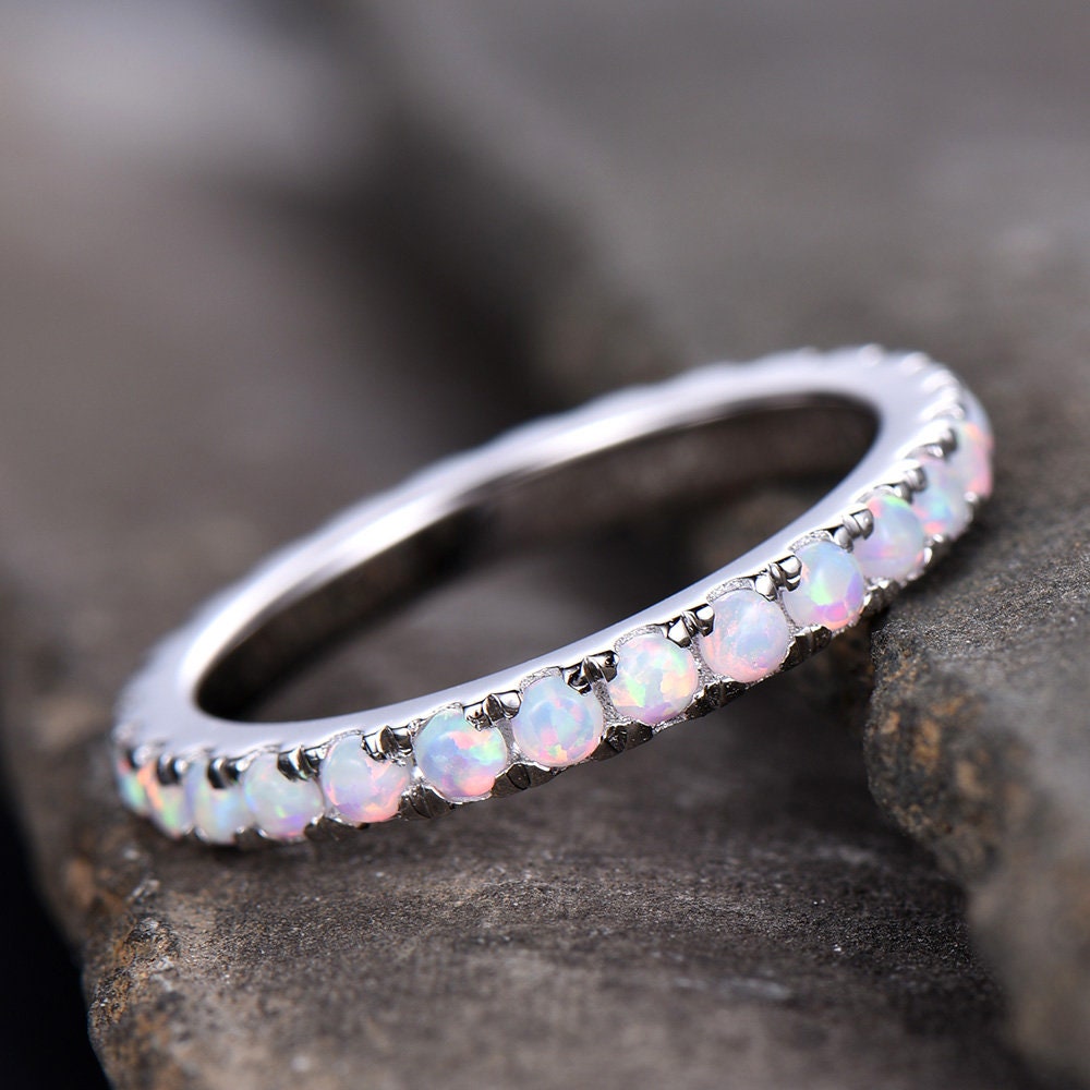 Opal Ring,Opal Wedding Band,Eternity Band,Opal Stacking Ring,Matching Band,Promise Ring,Anniversary,Gift for Women,White Gold,October Ring