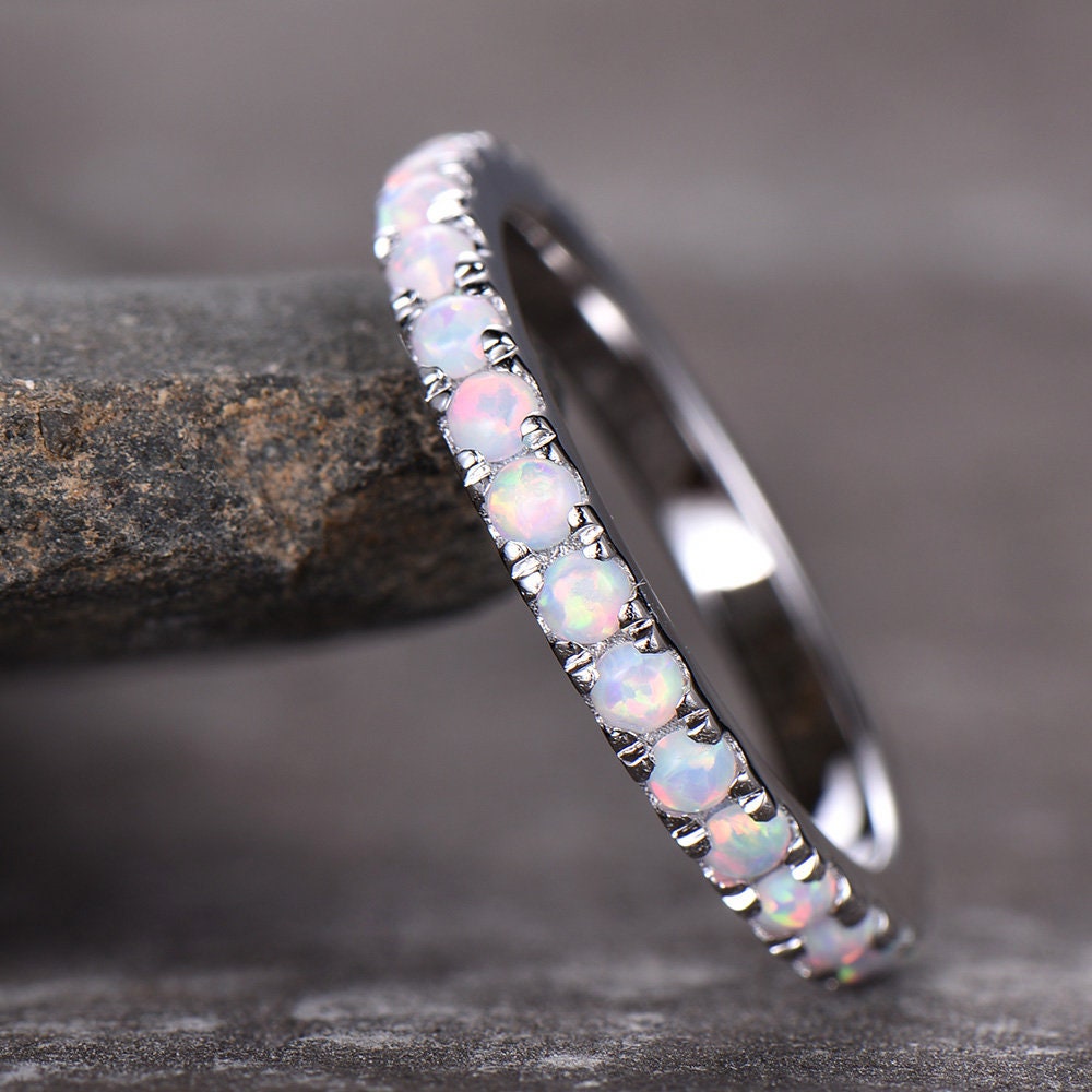 Opal Ring,Opal Wedding Band,Eternity Band,Opal Stacking Ring,Matching Band,Promise Ring,Anniversary,Gift for Women,White Gold,October Ring