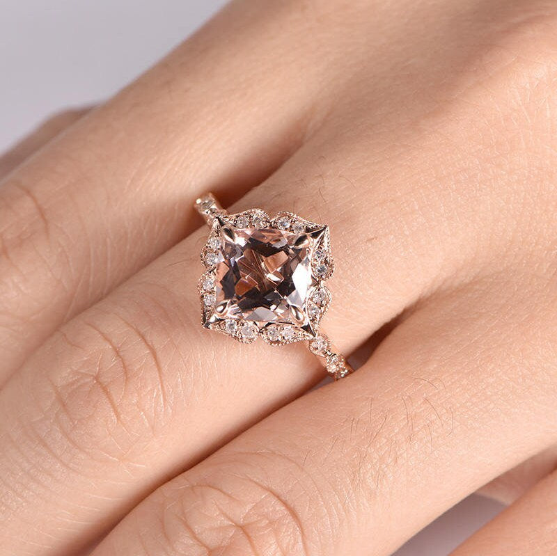 Natural morganite engagement ring 7mm cushion cut morganite ring floral diamond halo diamond wedding band solid 14k rose gold stacking ring
