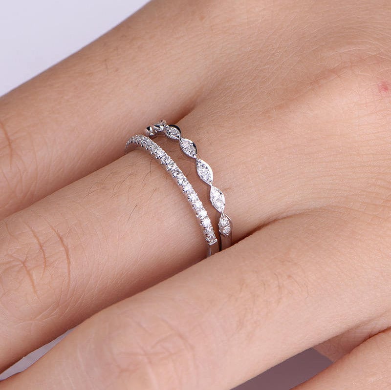 Diamond ring set diamond wedding band half eternity ring milgrain matching band stacking ring,14k white gold bridal ring petite ring