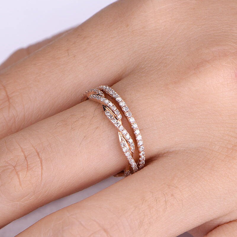 Diamond ring set diamond wedding band full eternity ring twisted style stacking ring solid 14k rose gold promise ring bridal ring set