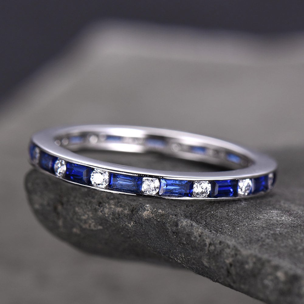 Sapphire Ring Baguette Cut Blue Sapphire And Diamond Simulant Wedding Band Full Eternity Sterling Silver Anniversary stacking rings