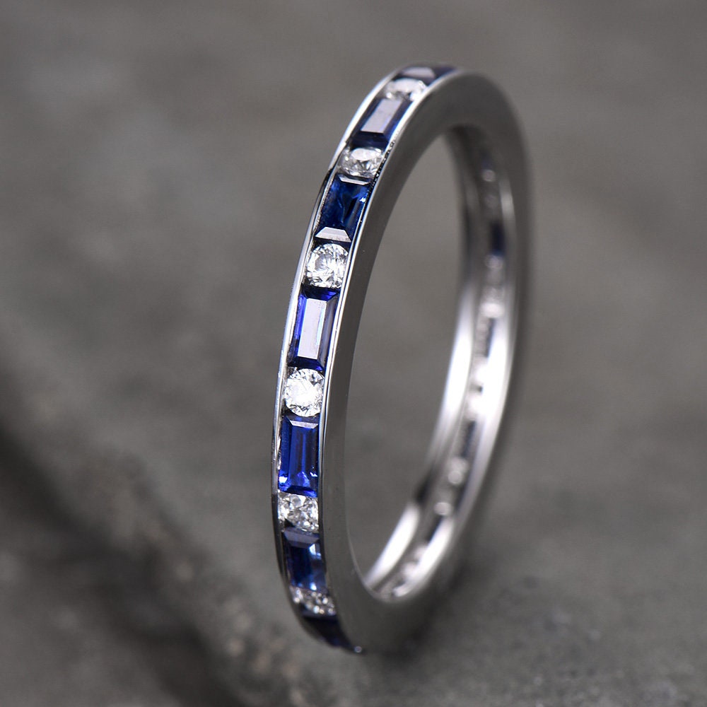 Sapphire Ring Baguette Cut Blue Sapphire And Diamond Simulant Wedding Band Full Eternity Sterling Silver Anniversary stacking rings