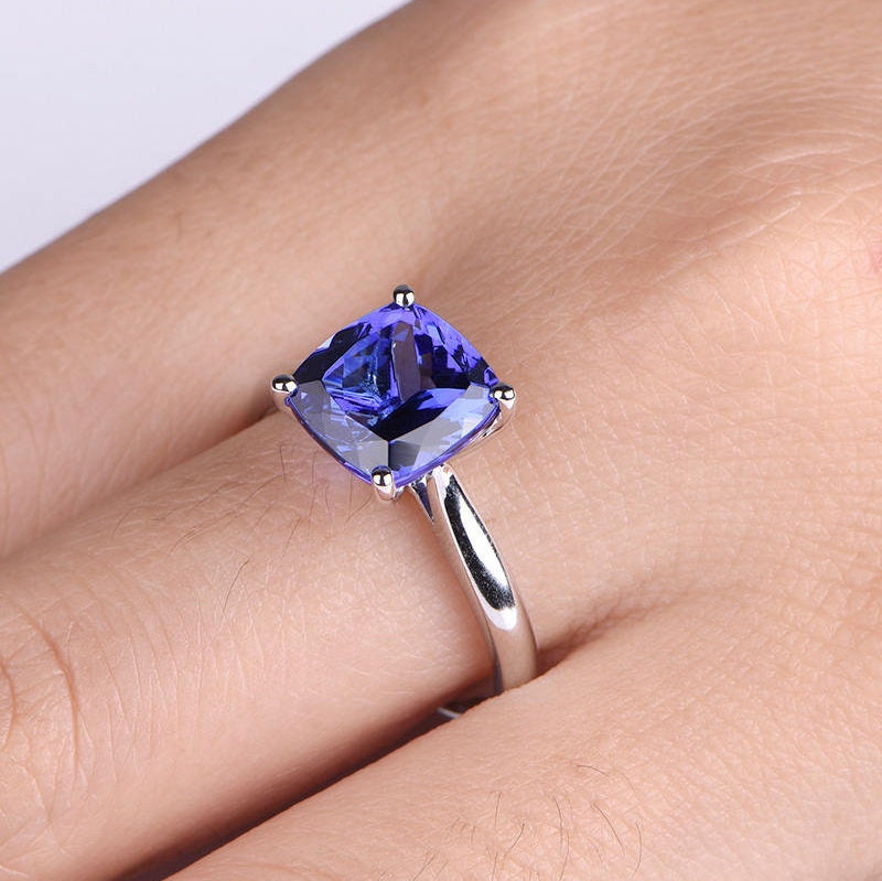 Sapphire engagement ring 9mm cushion cut lab created blue sapphire plain gold band solid 14k white gold anniversary ring custom jewelry