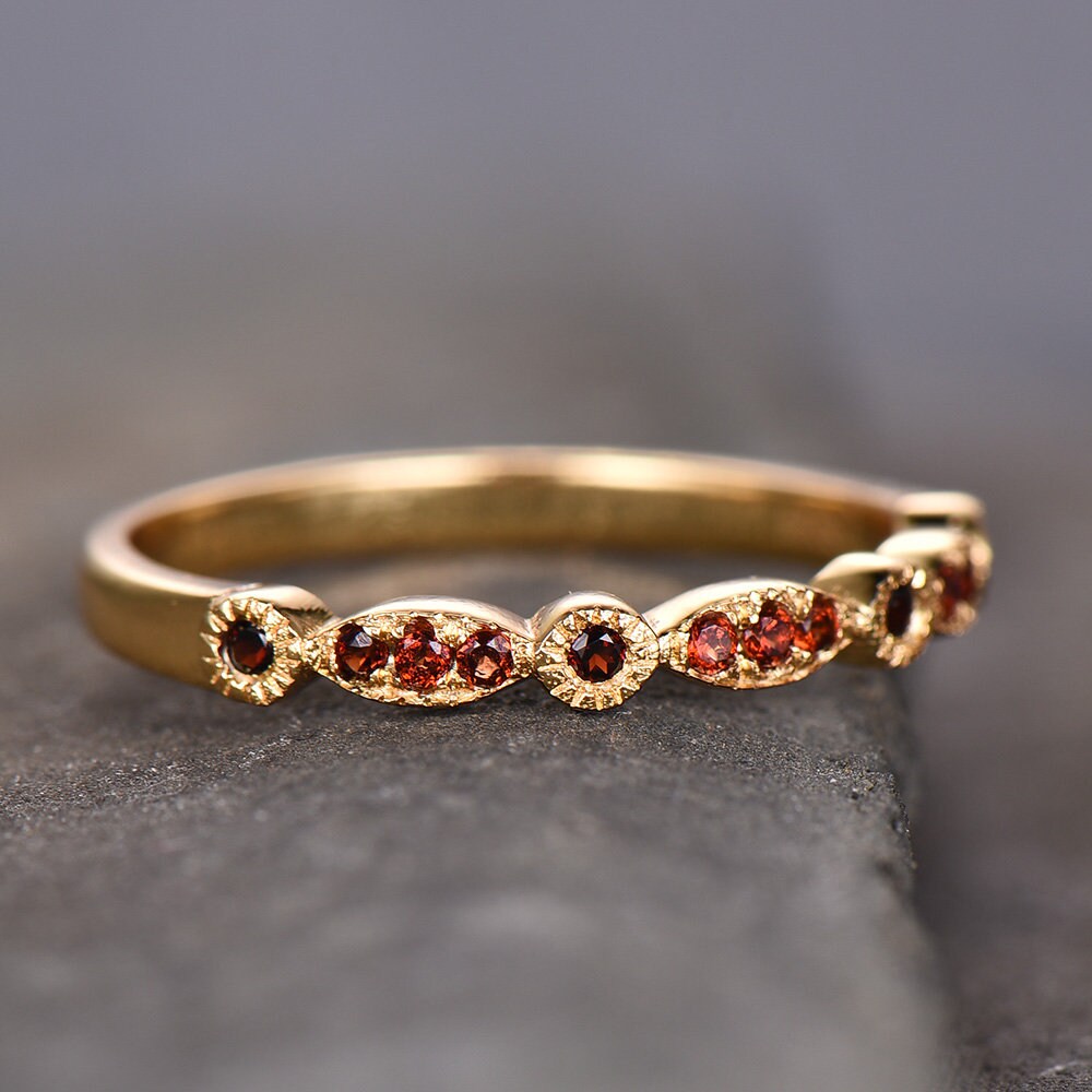 Red Garnet Wedding Band Art Deco Half Eternity Ring Sterling Silver Vintage Matching Band Milgrain Anniversary Gift