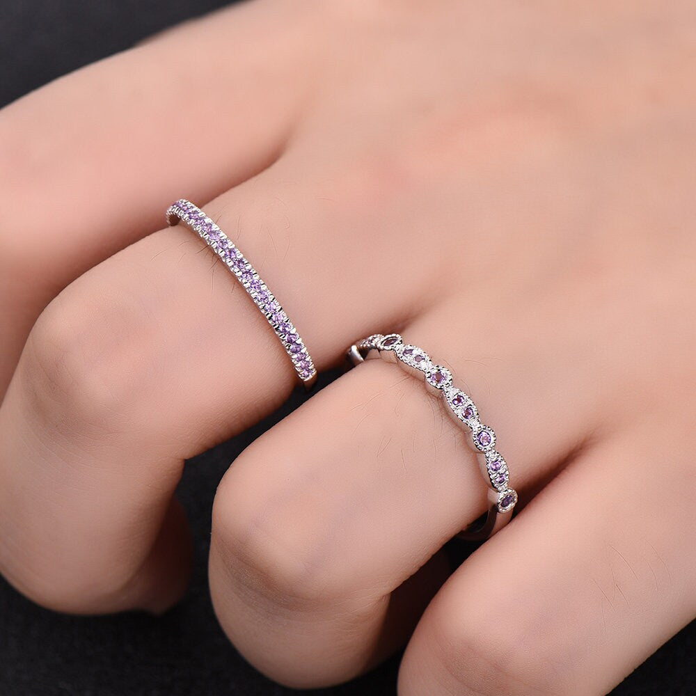 Unique Sterling Silver Ring Amethyst Wedding Ring Set Art Deco Wedding Band Half Eternity Matching Band Anniversary Gift February Birthstone