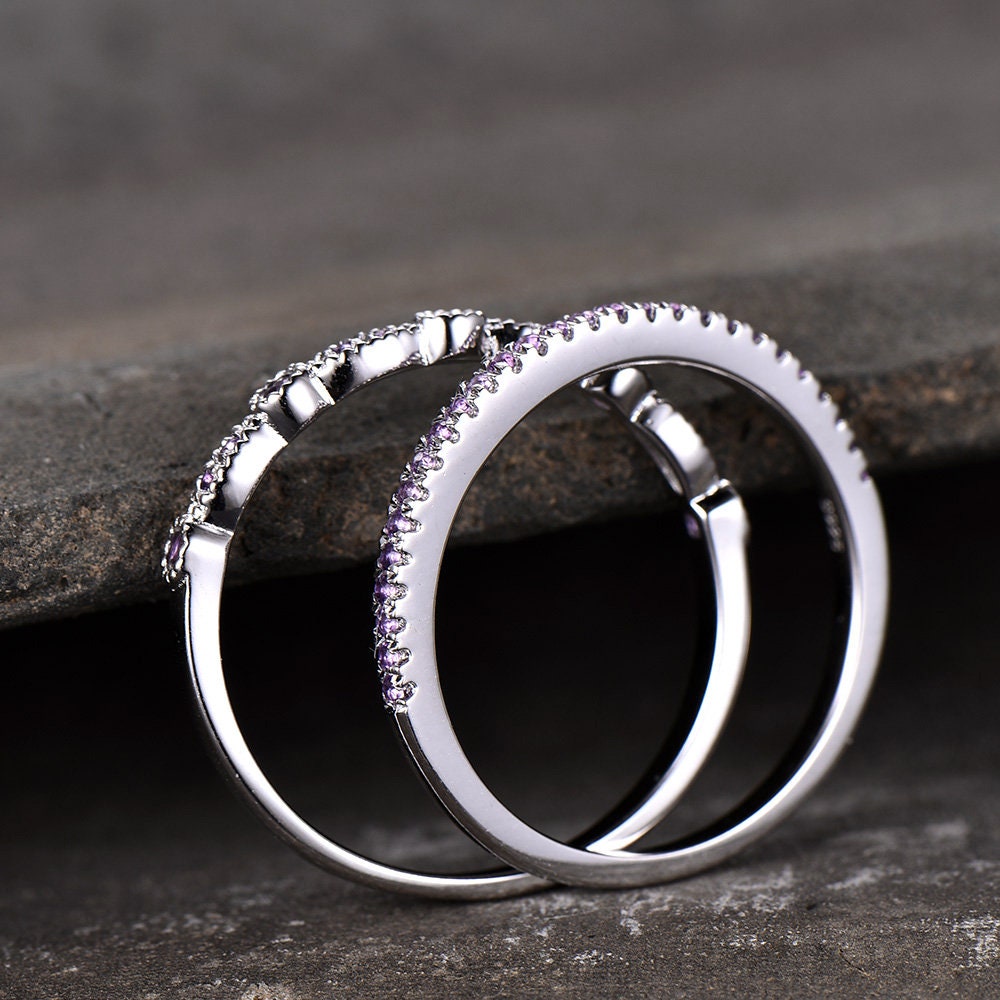 Unique Sterling Silver Ring Amethyst Wedding Ring Set Art Deco Wedding Band Half Eternity Matching Band Anniversary Gift February Birthstone