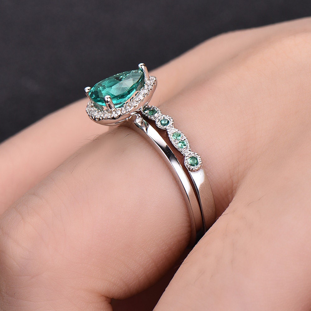 Emerald Wedding Ring Set 6x8mm Pear Emerald Engagement Ring Art Deco Wedding Band Vintage Bridal Set Promise Ring