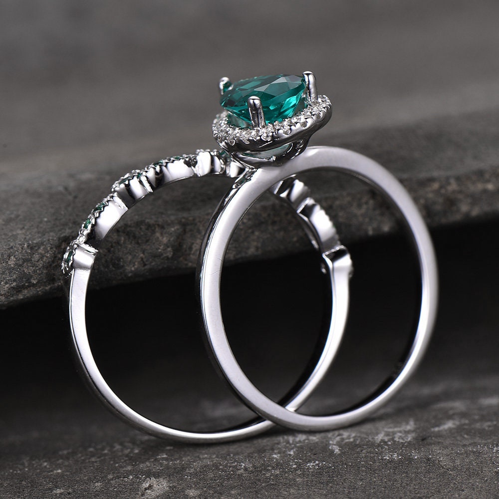 Emerald Wedding Ring Set 6x8mm Pear Emerald Engagement Ring Art Deco Wedding Band Vintage Bridal Set Promise Ring