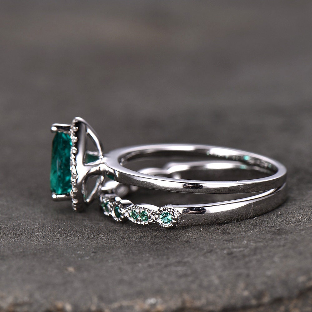 Emerald Wedding Ring Set 6x8mm Pear Emerald Engagement Ring Art Deco Wedding Band Vintage Bridal Set Promise Ring