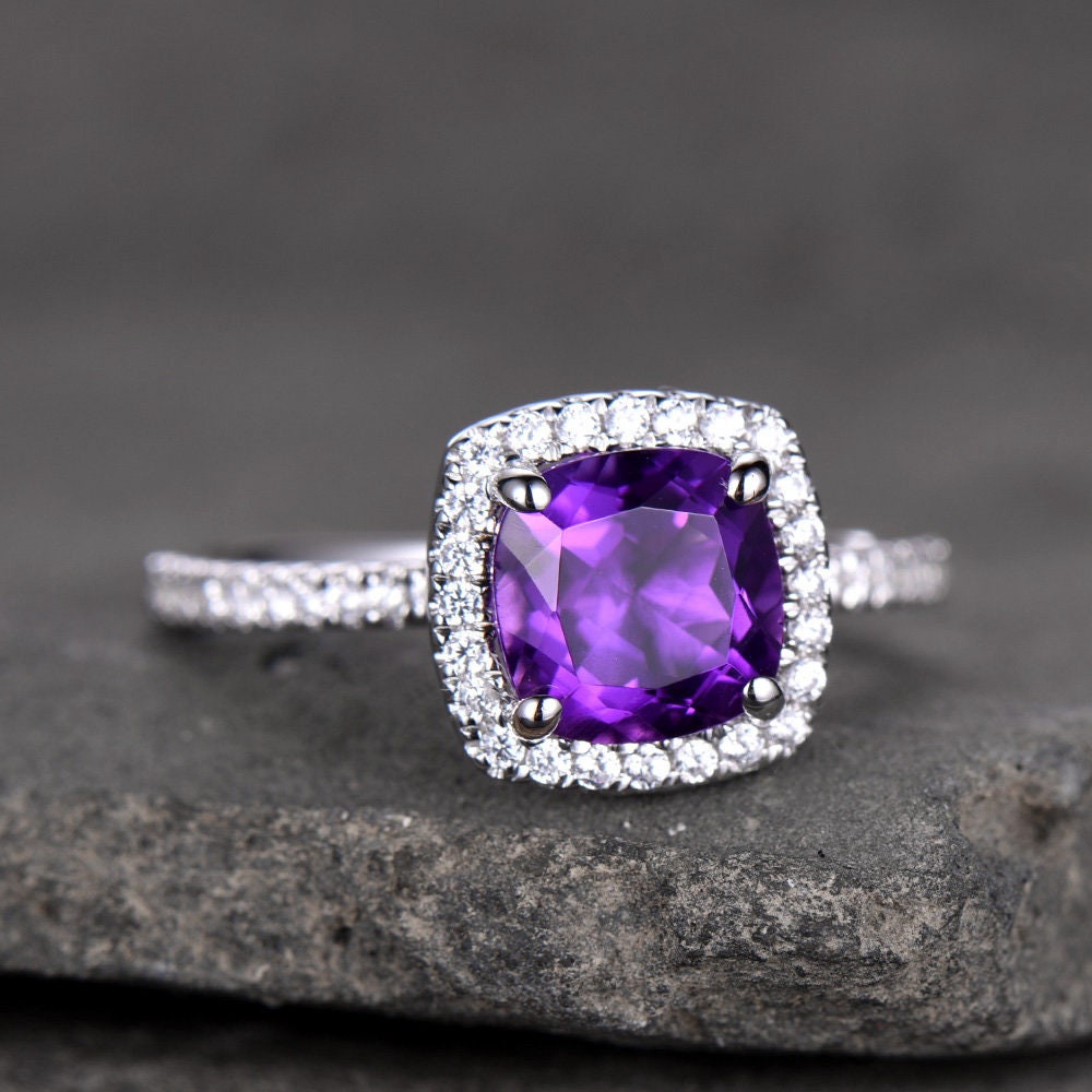 Amethyst Engagement Ring 6.5mm Cushion Cut Purple Amethyst Diamond Simulant Wedding Band Promise Anniversary Ring