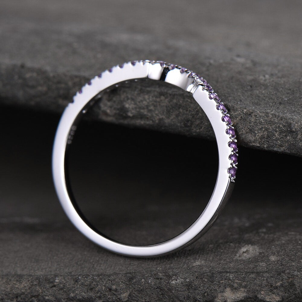 Sterling Silver Rings Amethyst Wedding Band Half Eternity Curved Ring White Gold Plated Anniversary Gift