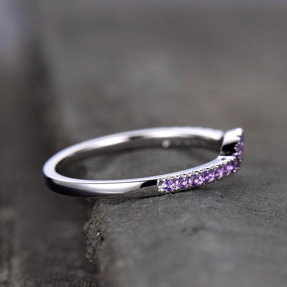 Sterling Silver Rings Amethyst Wedding Band Half Eternity Curved Ring White Gold Plated Anniversary Gift