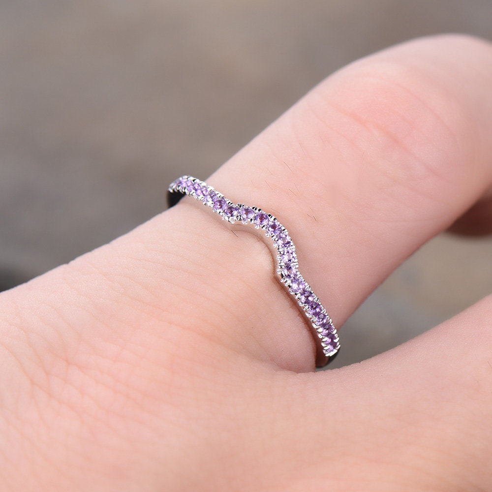 Sterling Silver Rings Amethyst Wedding Band Half Eternity Curved Ring White Gold Plated Anniversary Gift
