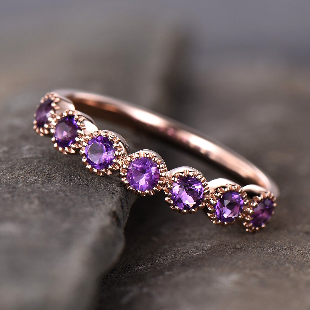 Art Deco Sterling Silver Ring Amethyst Wedding Band Half Eternity Ring February Birthstone Stackable Ring Matching Band Anniversary Gift