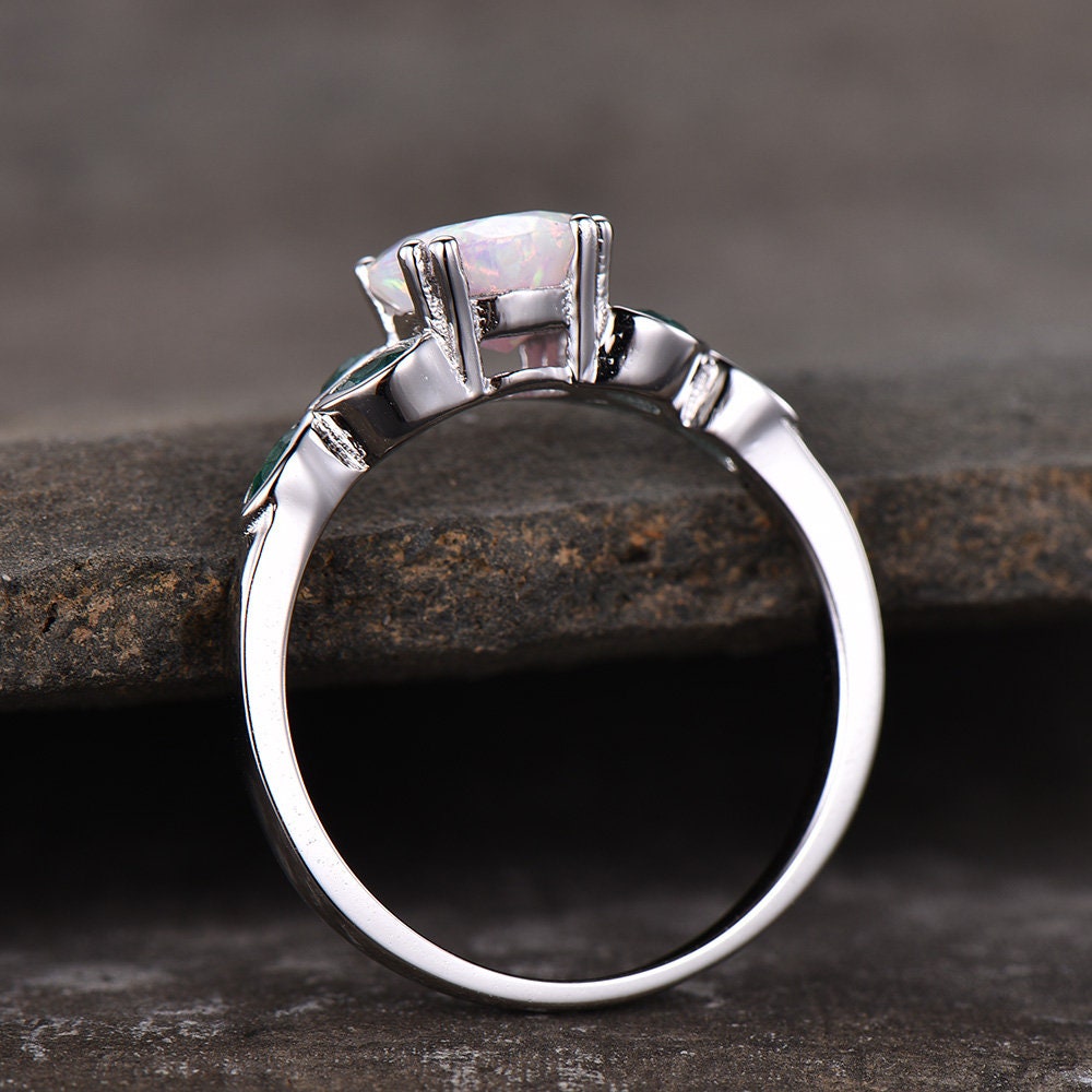 Opal Ring,Opal and Emerald Engagement Ring,Sterling Silver Ring,October Birthstone,Promise Ring, Gold Ring