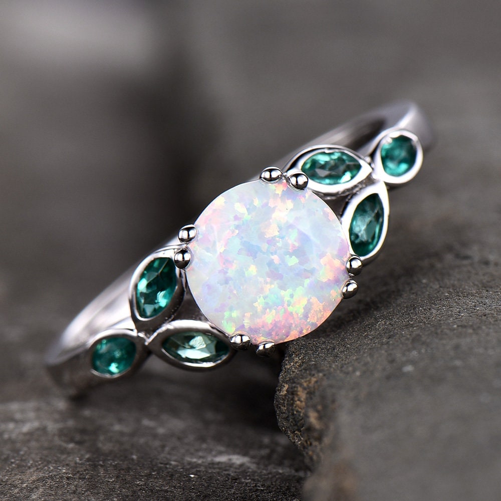 Opal Ring,Opal and Emerald Engagement Ring,Sterling Silver Ring,October Birthstone,Promise Ring, Gold Ring