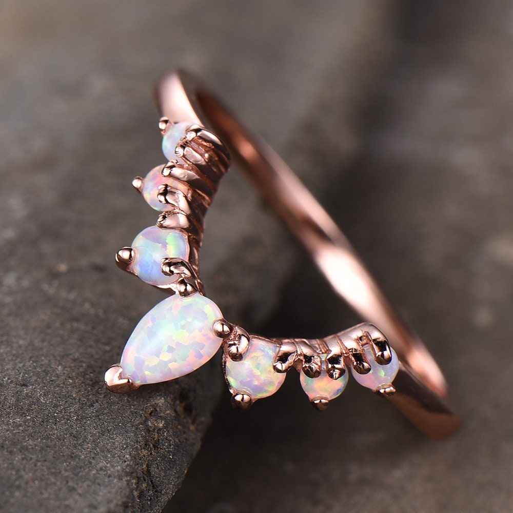 White Fire Opal Ring,Opal Matching Band,Curve Stacking Ring,Rose Gold Plated,October Birthston,Promise Ring