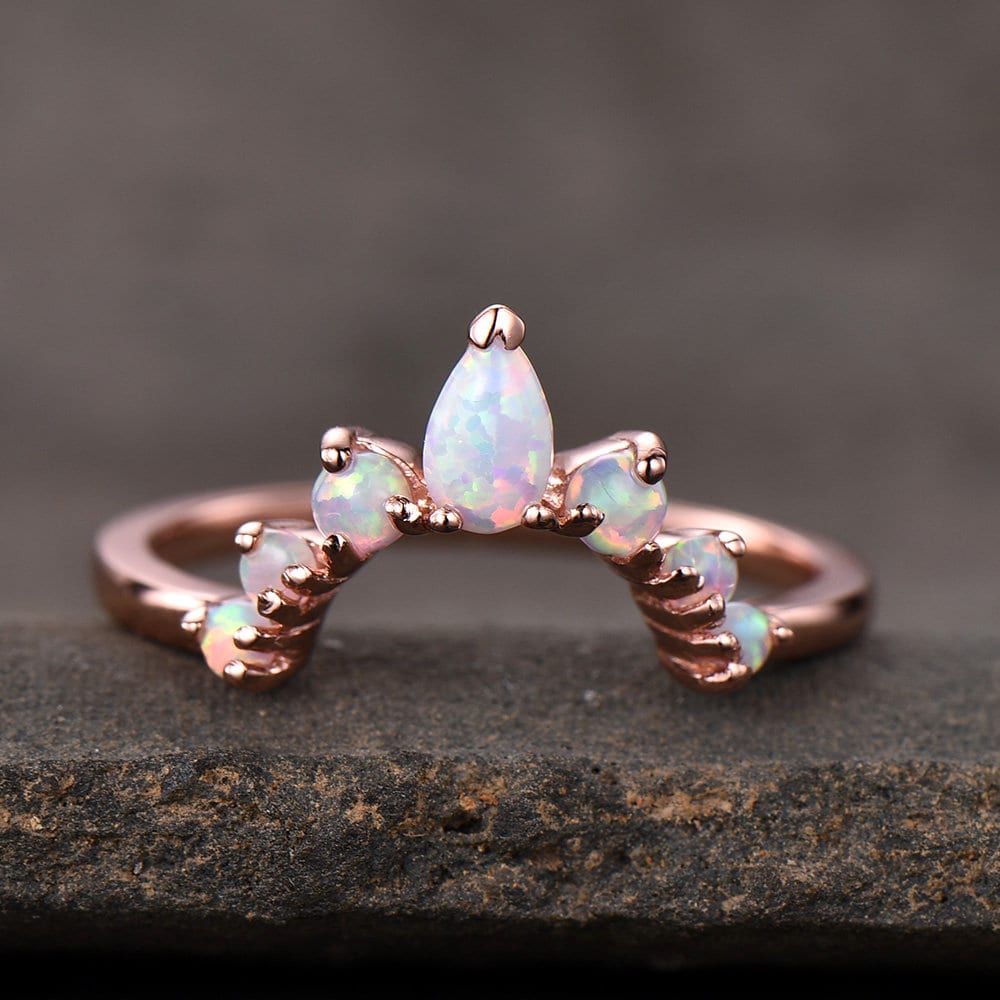White Fire Opal Ring,Opal Matching Band,Curve Stacking Ring,Rose Gold Plated,October Birthston,Promise Ring