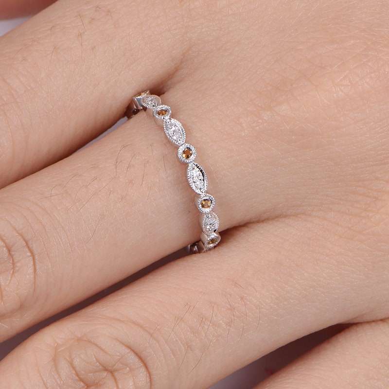 Citrine diamond wedding band full eternity diamond matching band natural stone milgrain promise ring solid 14k white gold art deco stacking