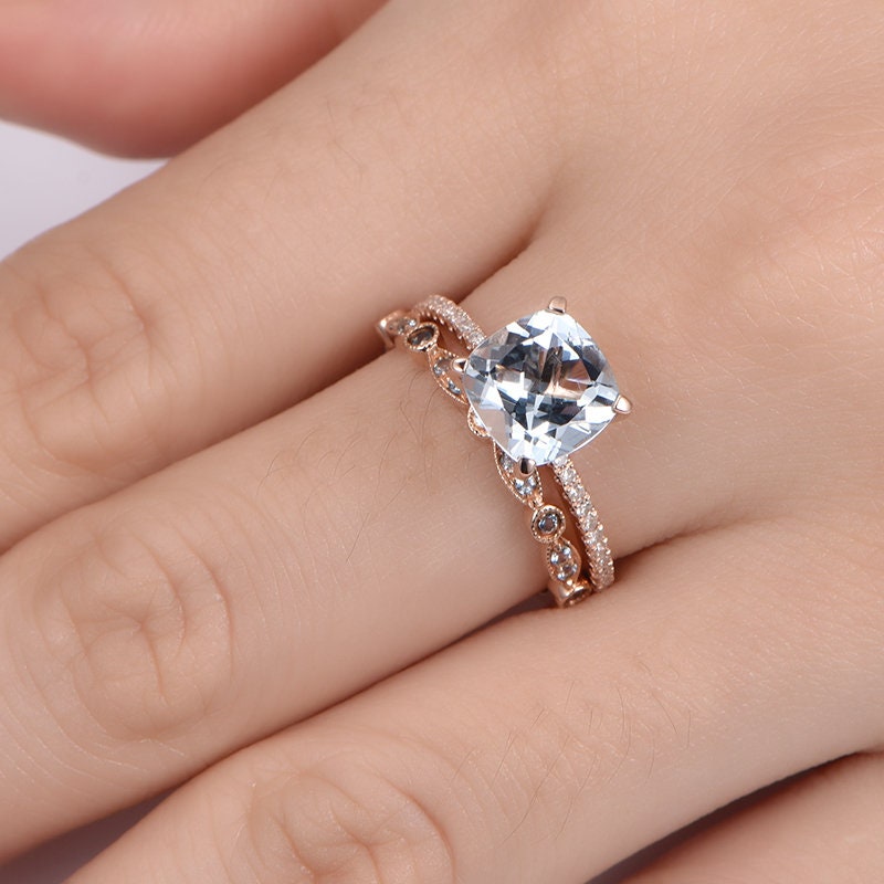 Aquamarine engagement ring set 14k rose gold art deco diamond matching band half eternity ring 8mm cushion cut natural AA aquamarine stone