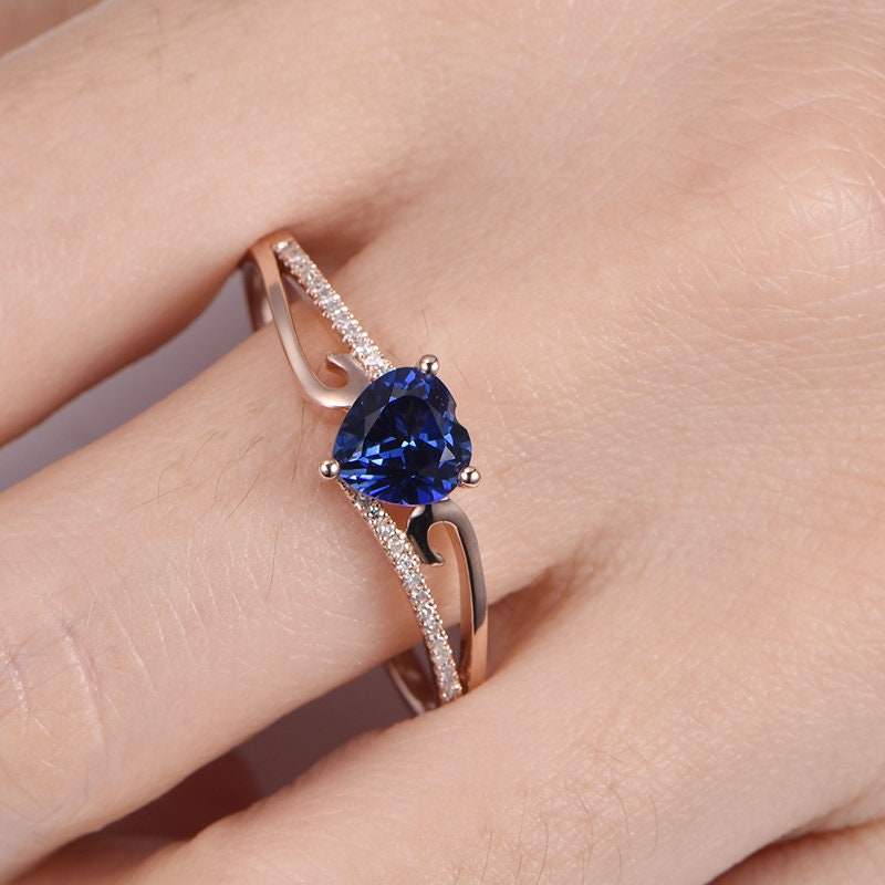 Heart shape sapphire engagement ring 6.5mm lab created blue sapphire diamond floral band solid 14k bridal promise ring gift custom jewelry
