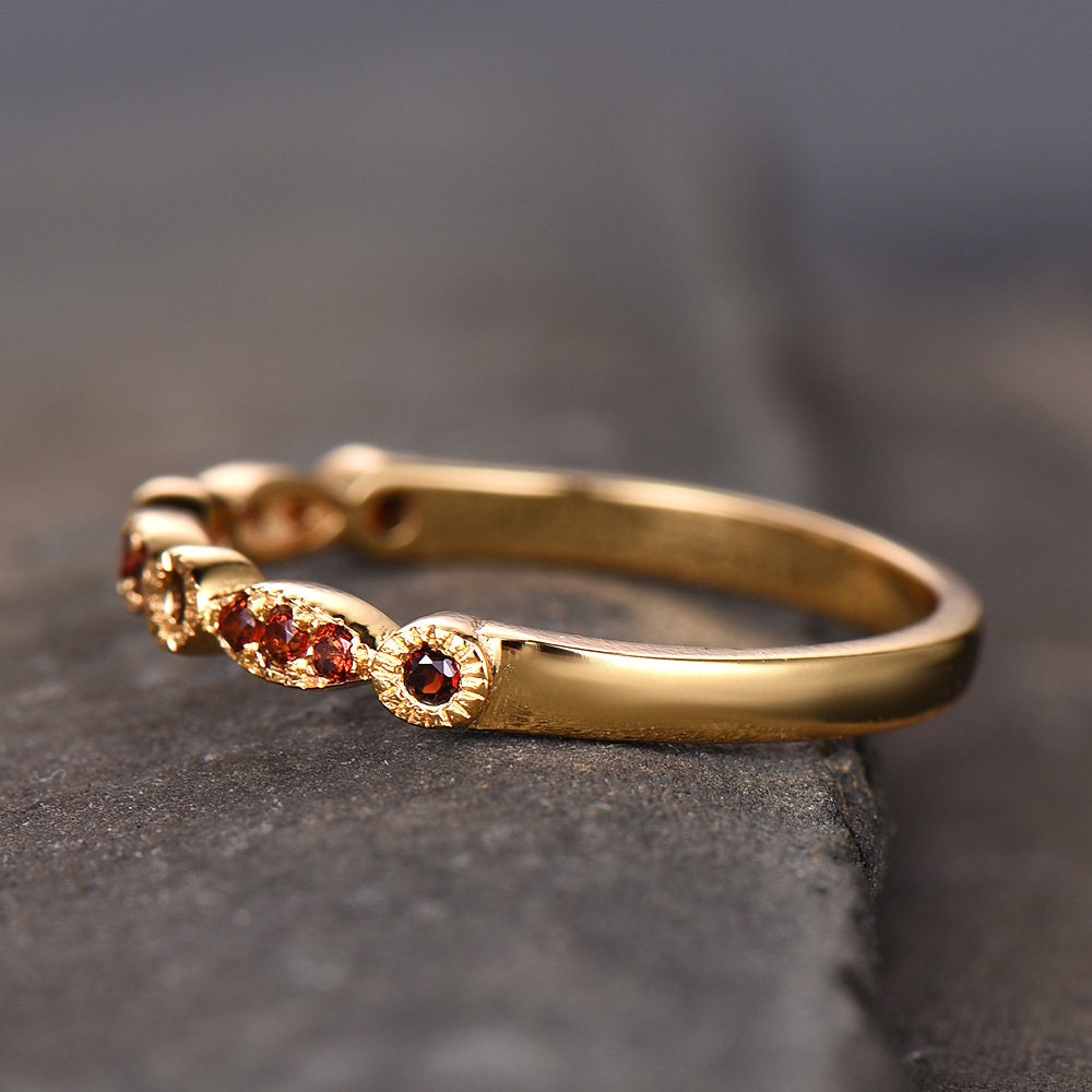 Red Garnet Wedding Band Art Deco Half Eternity Ring Sterling Silver Vintage Matching Band Milgrain Anniversary Gift