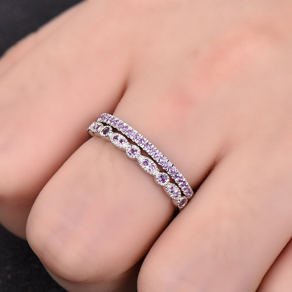 Unique Sterling Silver Ring Amethyst Wedding Ring Set Art Deco Wedding Band Half Eternity Matching Band Anniversary Gift February Birthstone