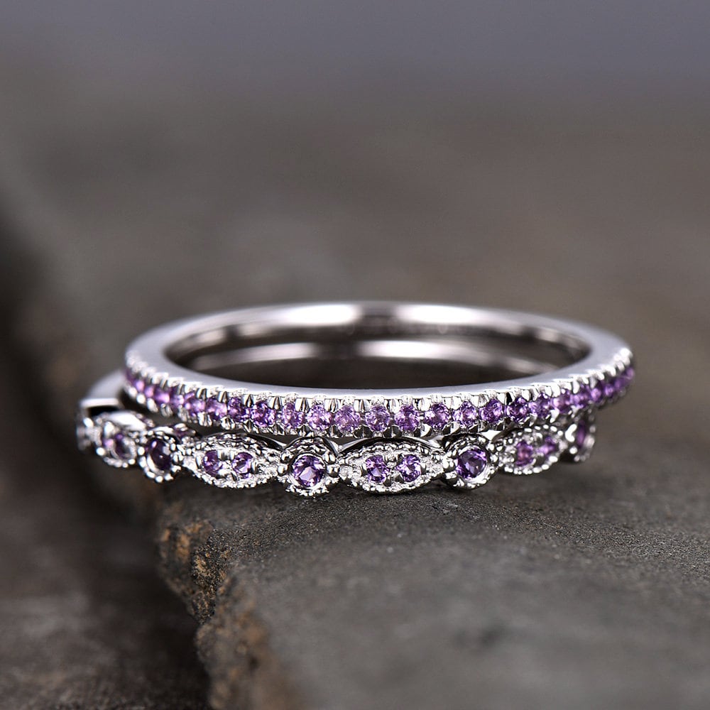Unique Sterling Silver Ring Amethyst Wedding Ring Set Art Deco Wedding Band Half Eternity Matching Band Anniversary Gift February Birthstone