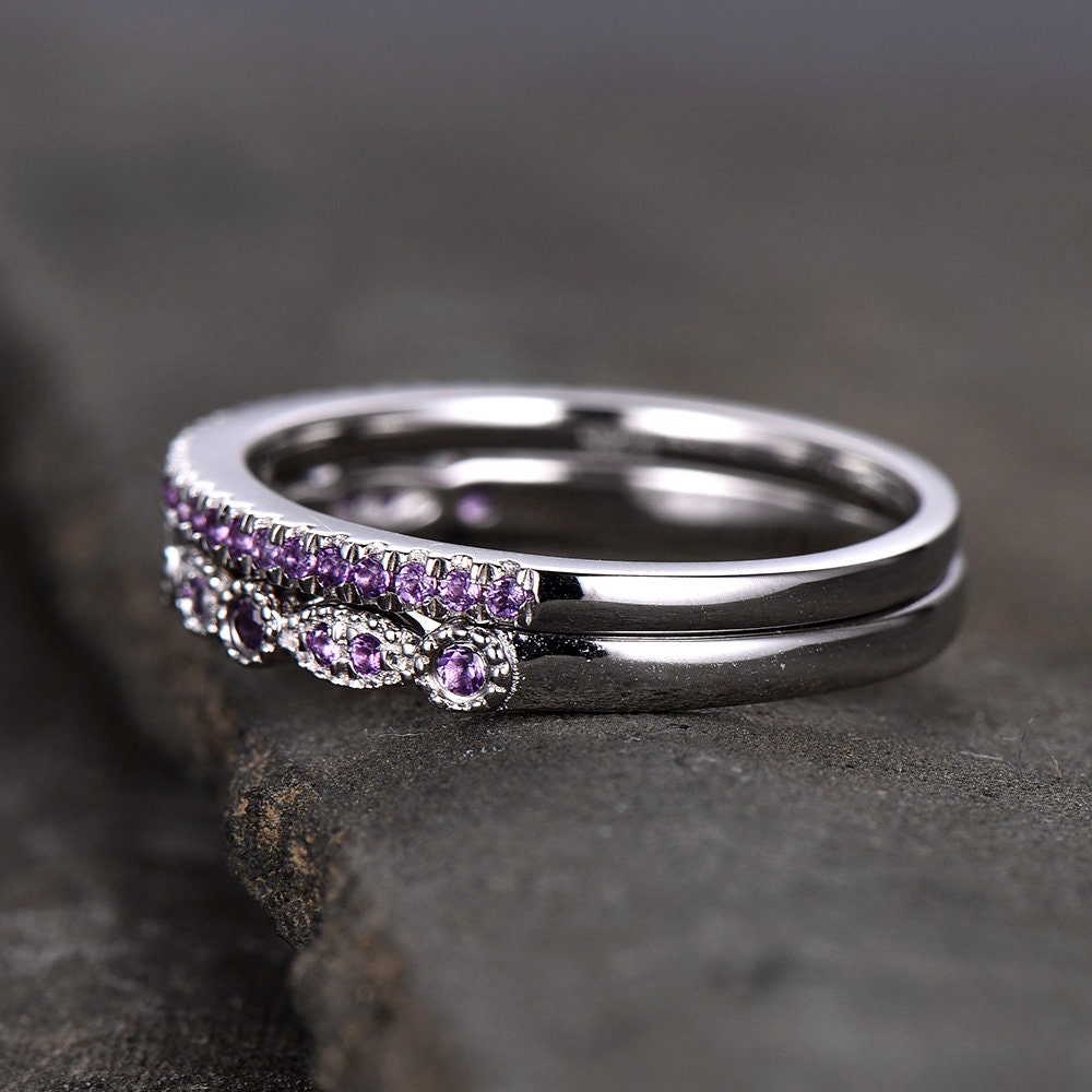 Unique Sterling Silver Ring Amethyst Wedding Ring Set Art Deco Wedding Band Half Eternity Matching Band Anniversary Gift February Birthstone