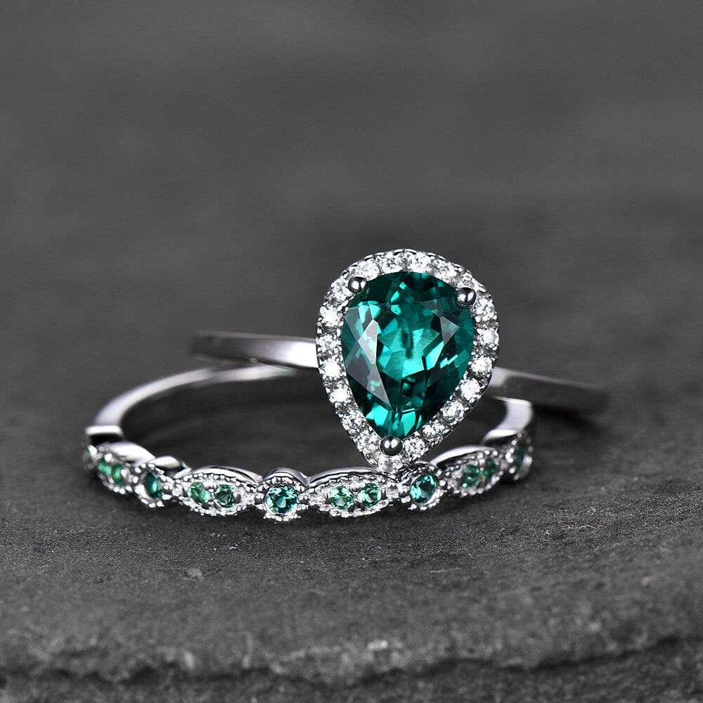 Emerald Wedding Ring Set 6x8mm Pear Emerald Engagement Ring Art Deco Wedding Band Vintage Bridal Set Promise Ring
