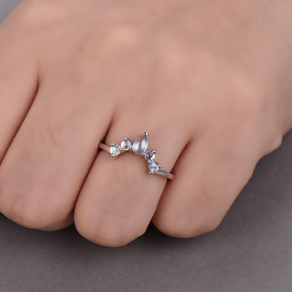 Moonstone Ring Natural Rainbow Moonstone Gemstone Sterling Silver Ring Curve Matching Band Stacking Ring Moonstne Jewelry June Birthstone