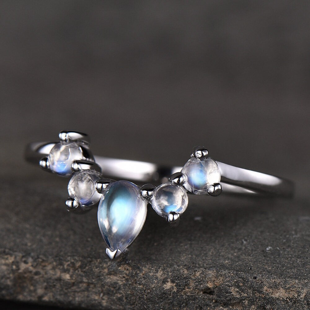 Moonstone Ring Natural Rainbow Moonstone Gemstone Sterling Silver Ring Curve Matching Band Stacking Ring Moonstne Jewelry June Birthstone